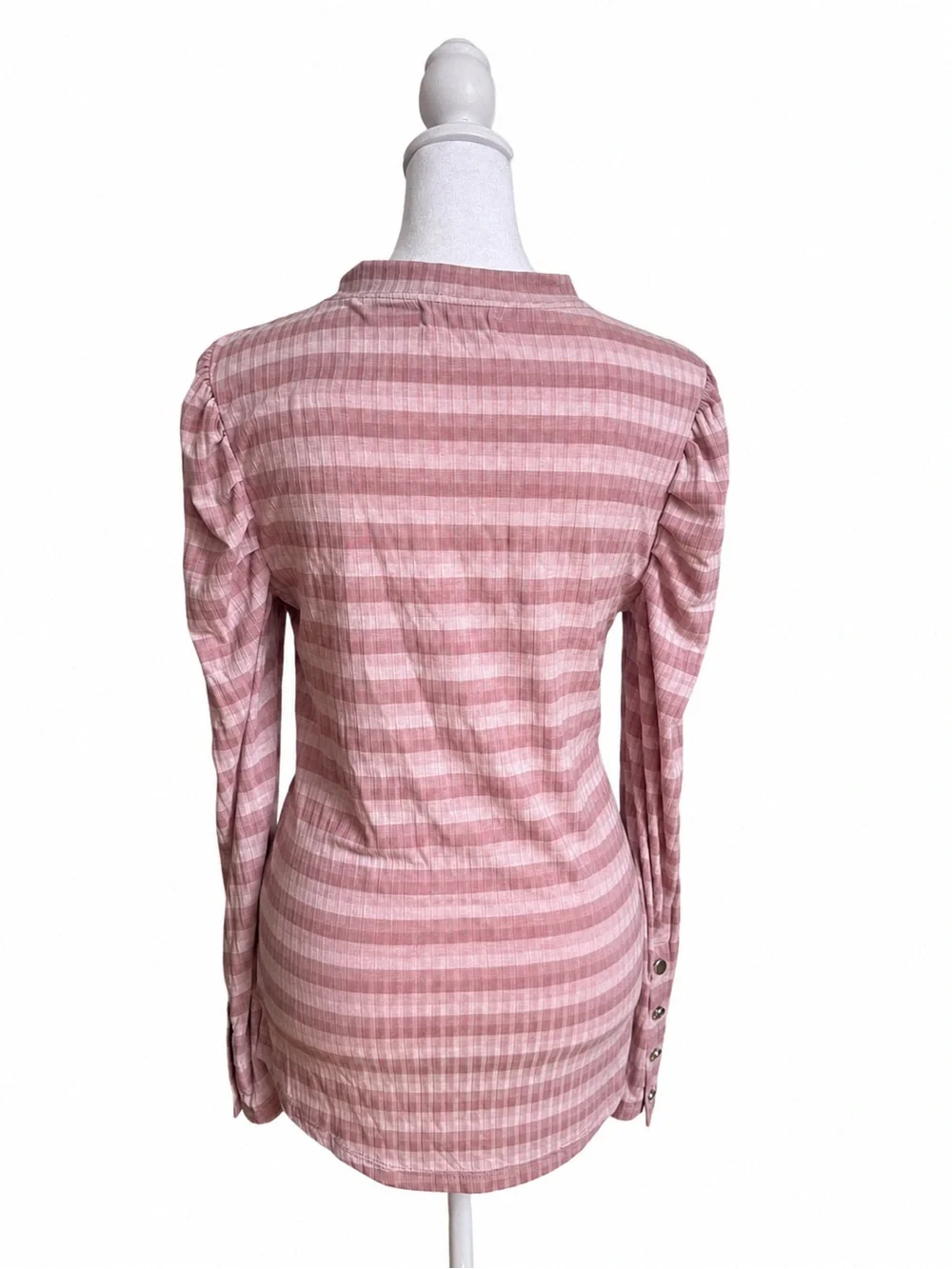 By Anthropologie Pink Striped Puff Sleeve Button Cuff Top Size S